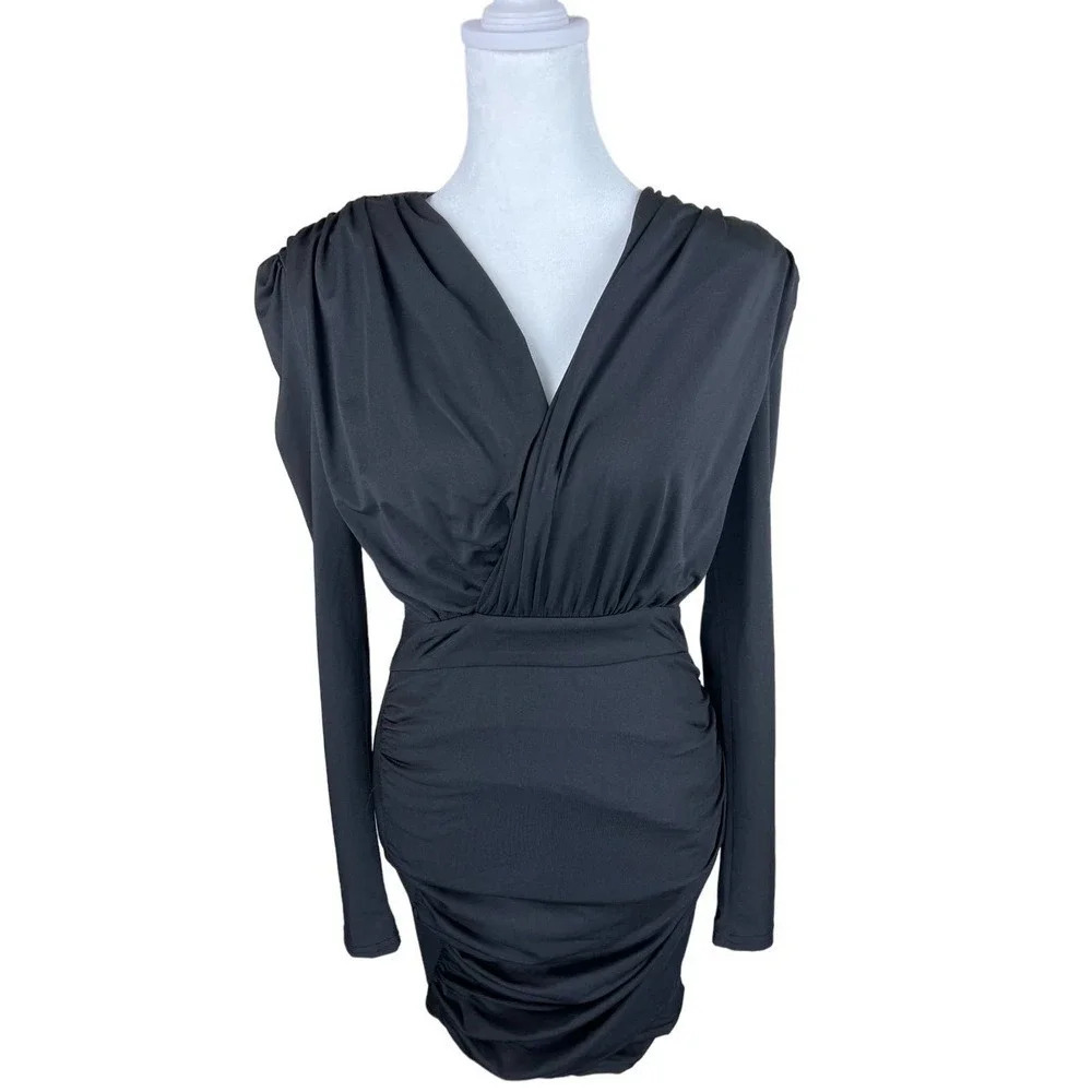 Nasty Gal Dress Womens 4 black Satin Bodycon Holiday Long Sleeve Ruched
